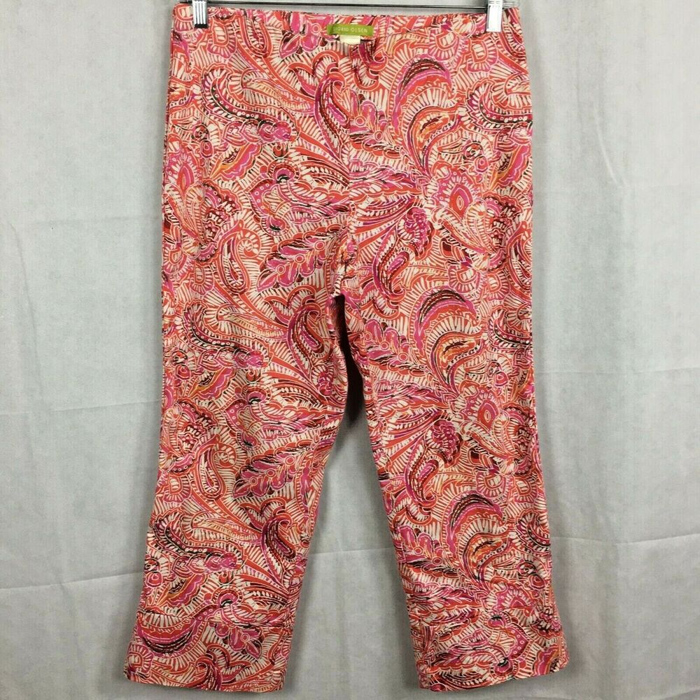 Sigrid Olson‎ Pants Womens Sz 12 Pink Red Paisley Cotton Stretch Crop Side Zip
